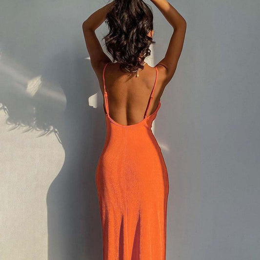 Smooth Knitted High Slit Suspender Maxi Dress