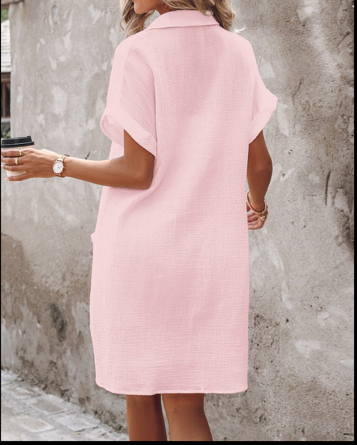 Short Sleeve Shirt Dress Solid Color Mid-length Loose Dress