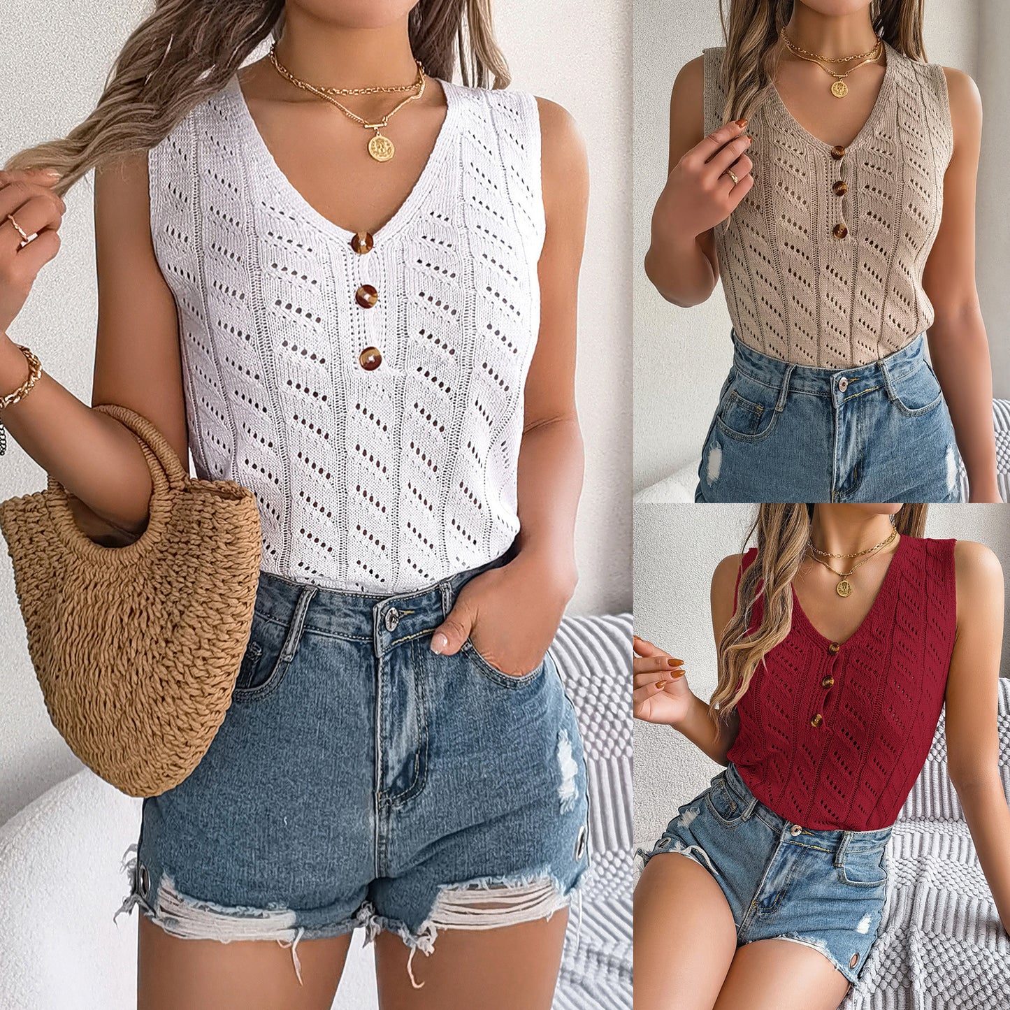 V-neck Top Knitted Sleeveless Sweater Buttons