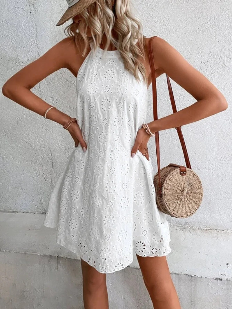 Women's Lace Solid Color Sleeveless Button Halter Neck Dress