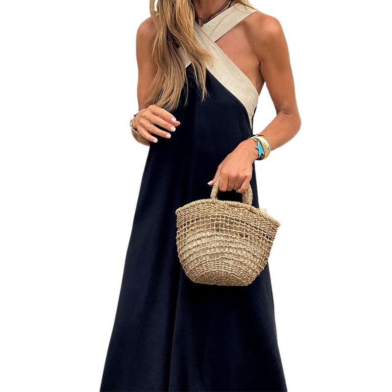 Cotton And Linen Sleeveless Dress Pure Color Halter