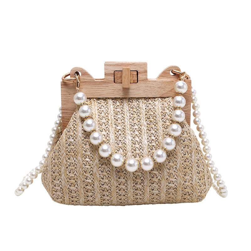 Straw Beach Pearl Chain Woven Shoulder Bag