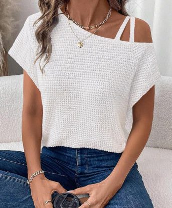 Short-sleeved Knitted Solid Color Womens Top Off-shoulder