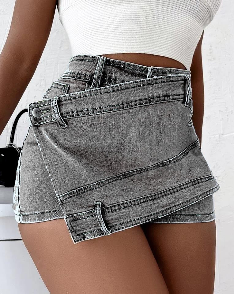 Denim Shorts Stretch Overlap Waist Wrap Street Fashion