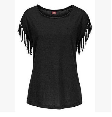 Round Neck Short Sleeve Cuffs Tassel T-shirt