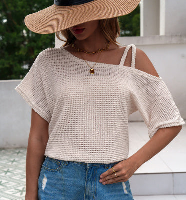 Short-sleeved Knitted Solid Color Womens Top Off-shoulder