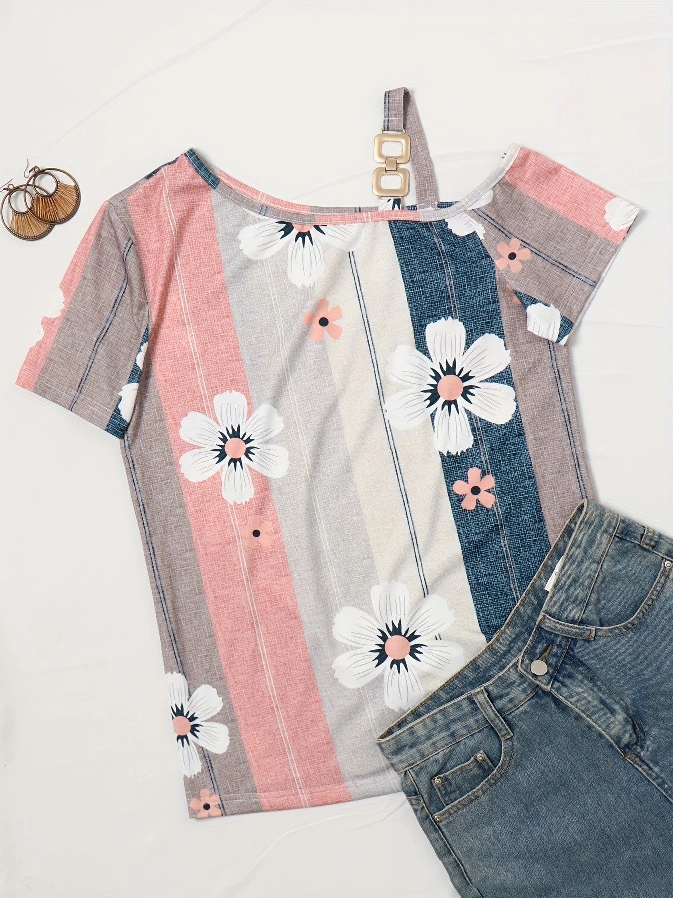 Flower Print Button Knitted Short-sleeved T-shirt