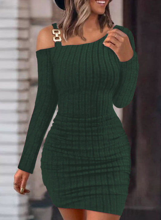 Off-Shoulder Metal Buckle Long Sleeve Autumn Dress