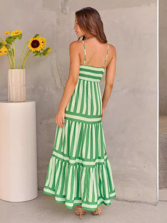 Striped Suspender Long Dress With Pockets Square Neck Backless Dresses