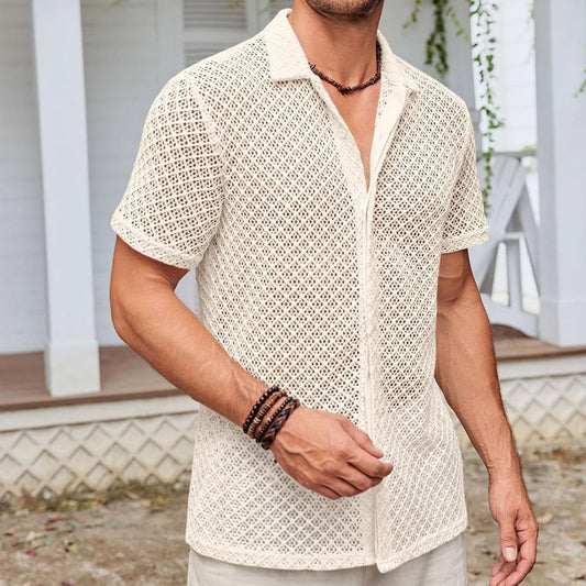Mesh Short Sleeve Shirt Solid Color Lapel Shirt