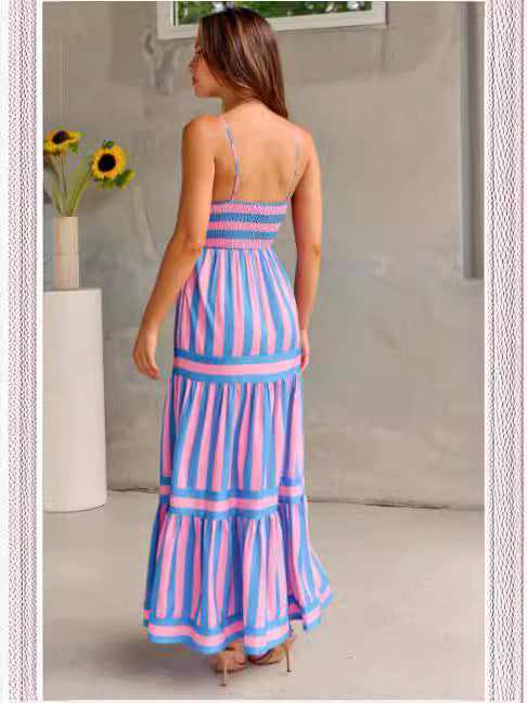 Striped Suspender Long Dress With Pockets Square Neck Backless Dresses