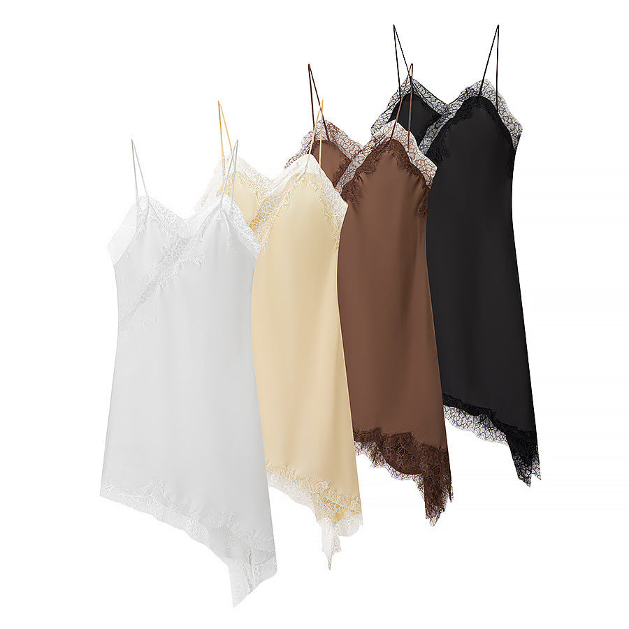 Silk Texture Lace Asymmetric Sling Dress