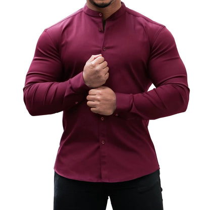 Long Sleeve Men Shirt Casual Slim Fit Band Collar