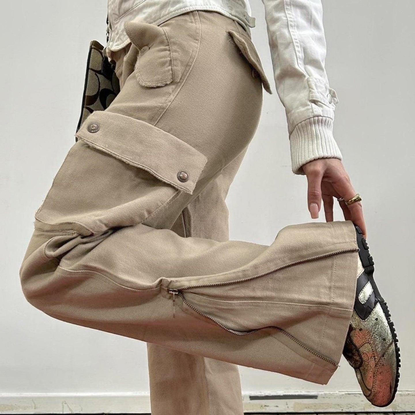 Street Casual Worn Look Washed-out Jeans Cargo Pocket