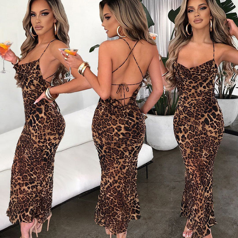 Leopard Print Sexy Backless Lace-up Maxi Dress