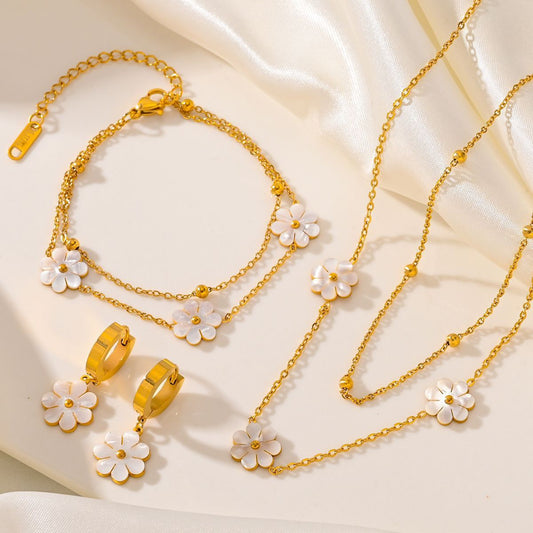 Daisy Flower Jewellery Double Layer Necklace, Earrings, Bracelet