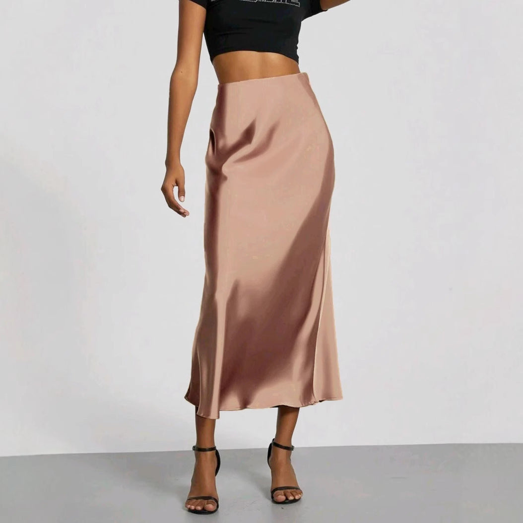 Slim Fit Satin Skirt Solid Color Long Skirt