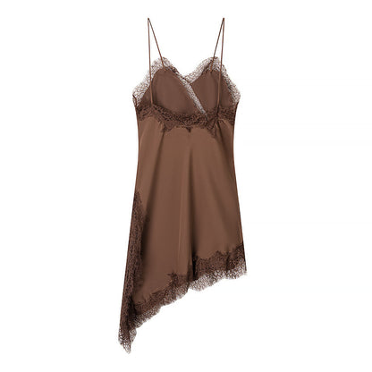 Silk Texture Lace Asymmetric Sling Dress