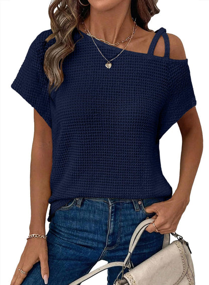 Short-sleeved Knitted Solid Color Womens Top Off-shoulder