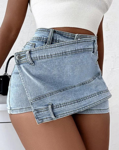 Denim Shorts Stretch Overlap Waist Wrap Street Fashion