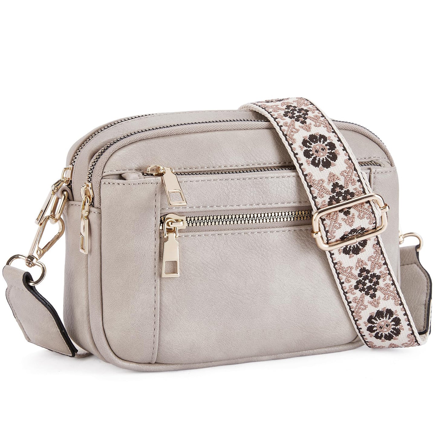 Shoulder Bag Triple-zipper With Embroidered Floral Straps Multi-functional Crossbody Bags