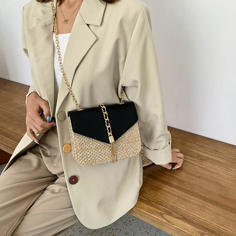 Straw woven shoulder chain bag