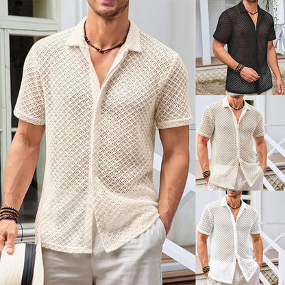 Mesh Short Sleeve Shirt Solid Color Lapel Shirt