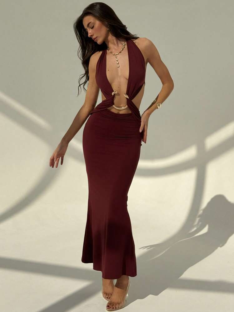 Sexy Halter Deep V-neck Dew Dress