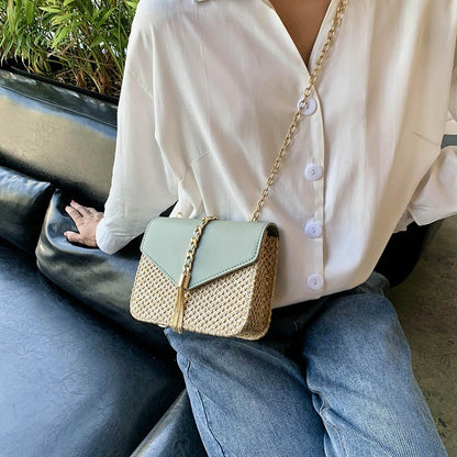 Straw woven shoulder chain bag