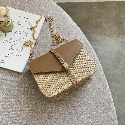 Straw woven shoulder chain bag