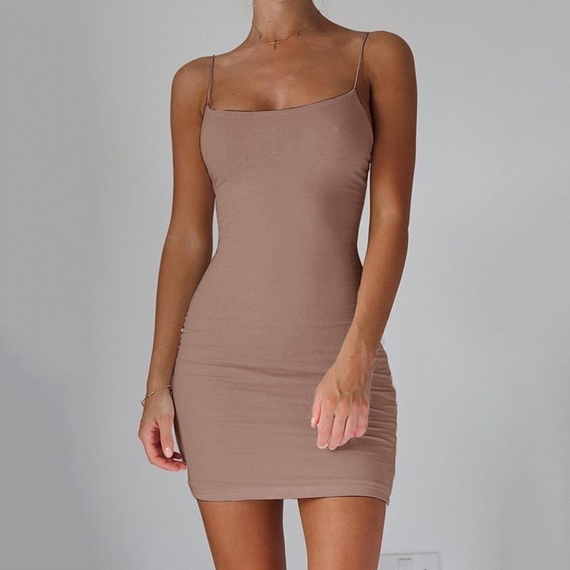Minimalistic Solid Color Suspender Tight-fitting Mini Dress