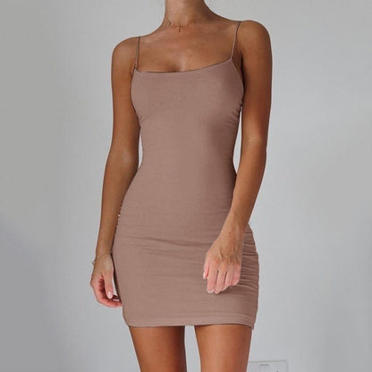 Minimalistic Solid Color Suspender Tight-fitting Mini Dress