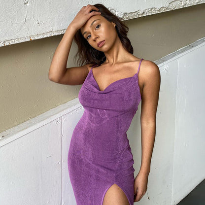 Smooth Knitted High Slit Suspender Maxi Dress