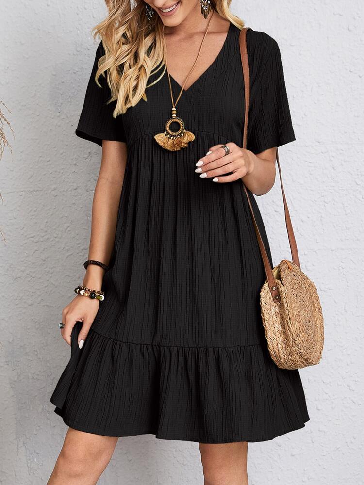 V-neck Short Sleeve Dress Summer Casual Loose Ruffled Dress