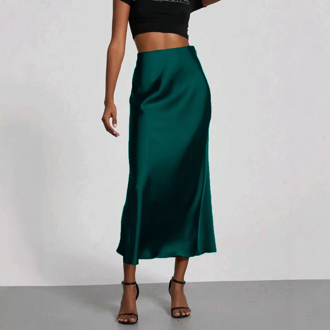 Slim Fit Satin Skirt Solid Color Long Skirt