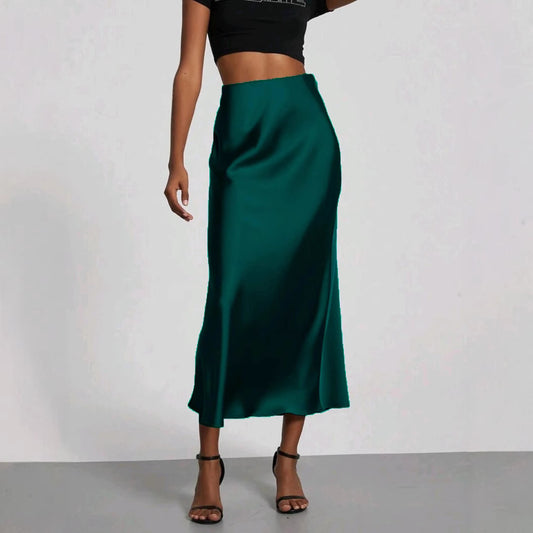 Slim Fit Satin Skirt Solid Color Long Skirt