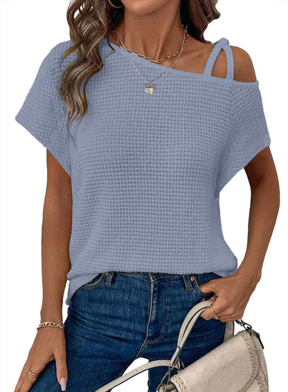 Short-sleeved Knitted Solid Color Womens Top Off-shoulder