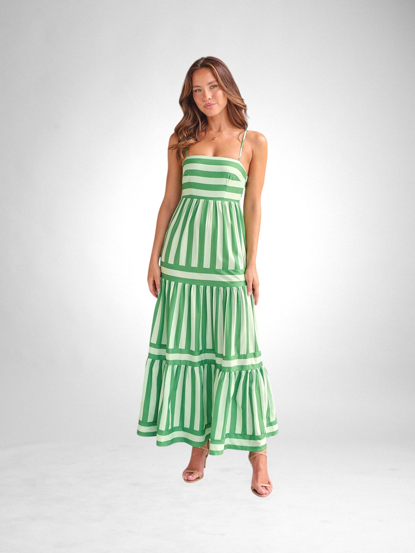Striped Suspender Long Dress With Pockets Square Neck Backless Dresses