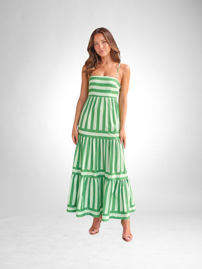 Striped Suspender Long Dress With Pockets Square Neck Backless Dresses