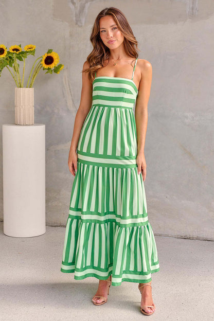 Striped Suspender Long Dress With Pockets Square Neck Backless Dresses