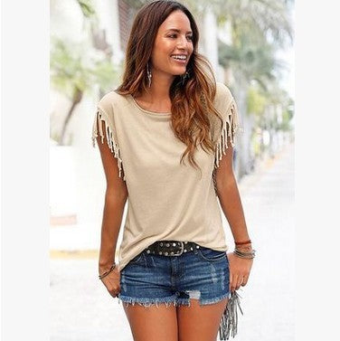 Round Neck Short Sleeve Cuffs Tassel T-shirt