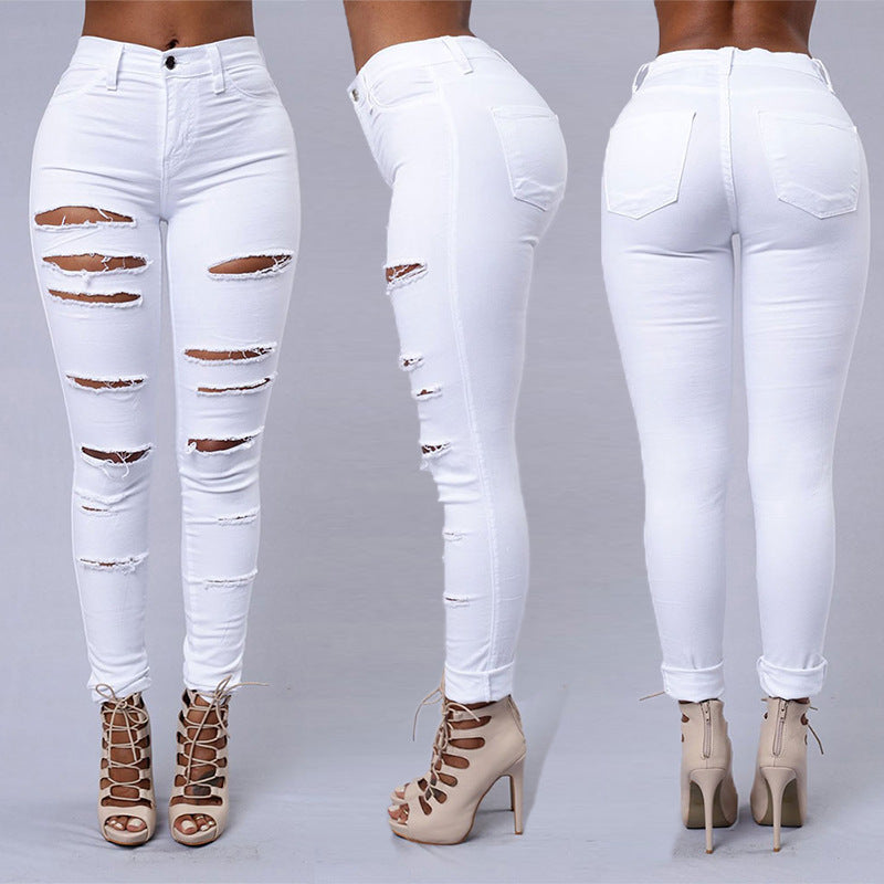 Ripped Skiny Jeans Trousers Casual High Waist Pencil Pants