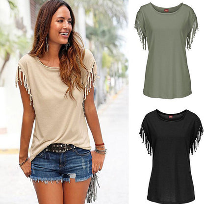 Round Neck Short Sleeve Cuffs Tassel T-shirt
