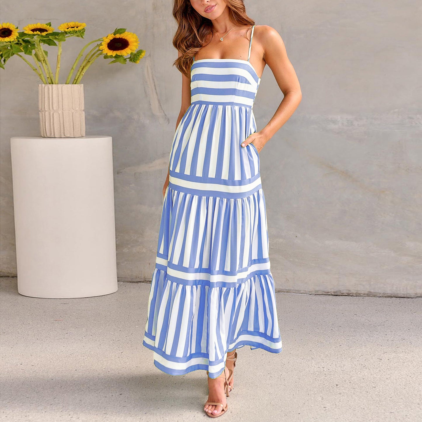 Striped Suspender Long Dress With Pockets Square Neck Backless Dresses