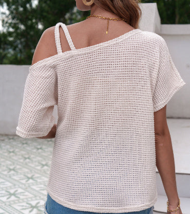 Short-sleeved Knitted Solid Color Womens Top Off-shoulder