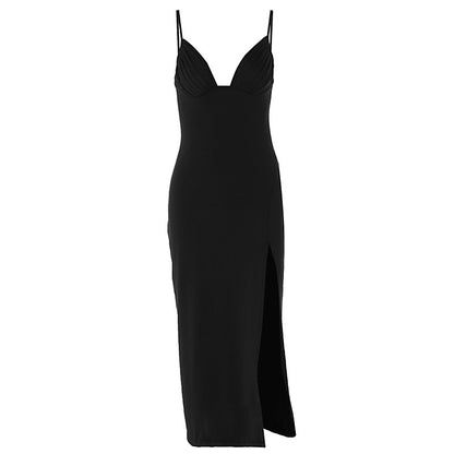 Spaghetti Strap Dress With Split Design Deep V-neck Sleeveless Backless