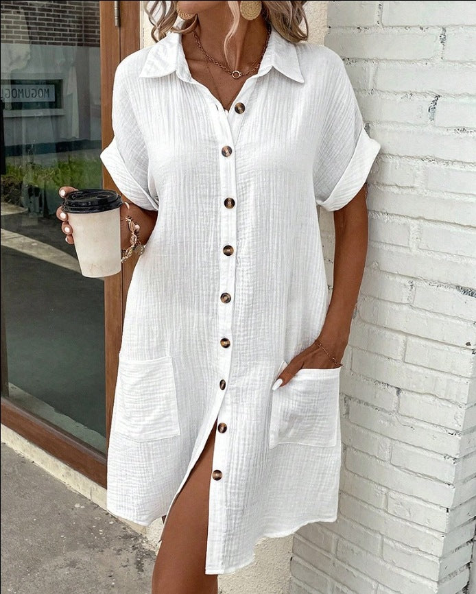 Short Sleeve Shirt Dress Solid Color Mid-length Loose Dress