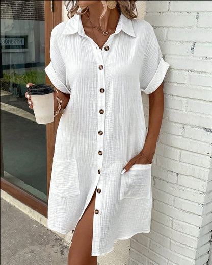 Short Sleeve Shirt Dress Solid Color Mid-length Loose Dress