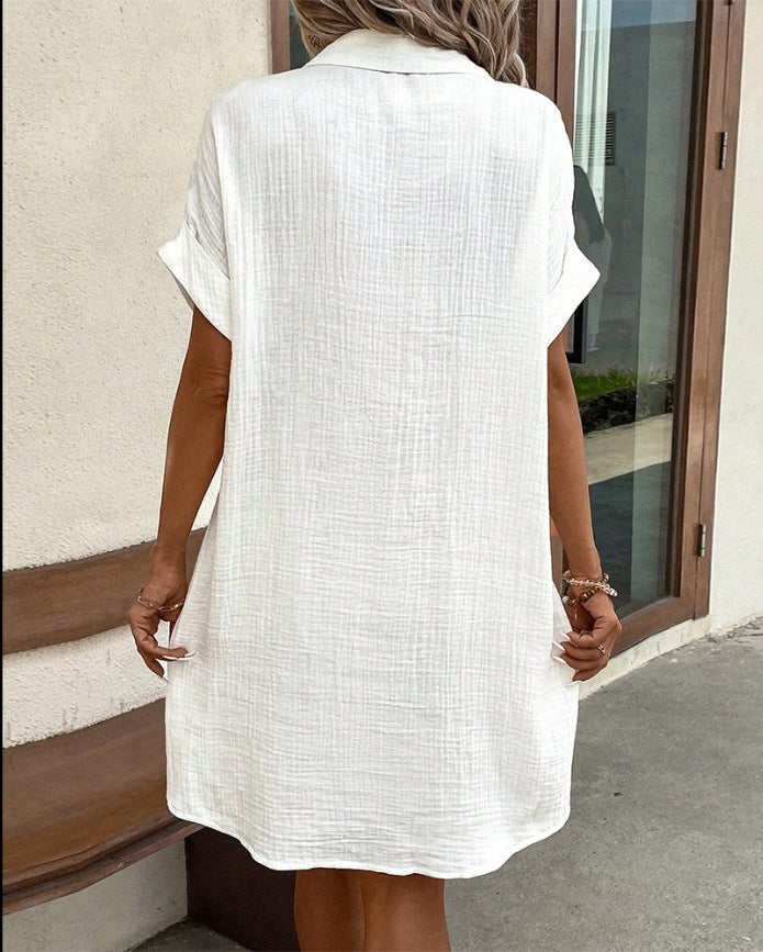 Short Sleeve Shirt Dress Solid Color Mid-length Loose Dress