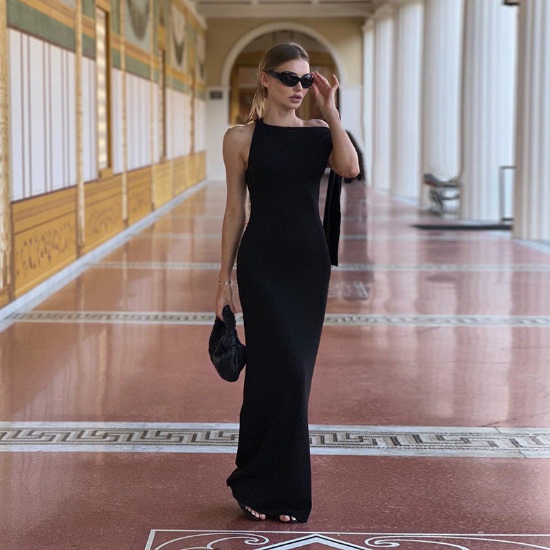 One-shoulder Ribbon Maxi Dress Slim Sleeveless Dress